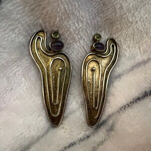 ❤️ Vintage Retro Art Deco 925 Goldtone Amythest Peridot Post Earrings Patina 9gm